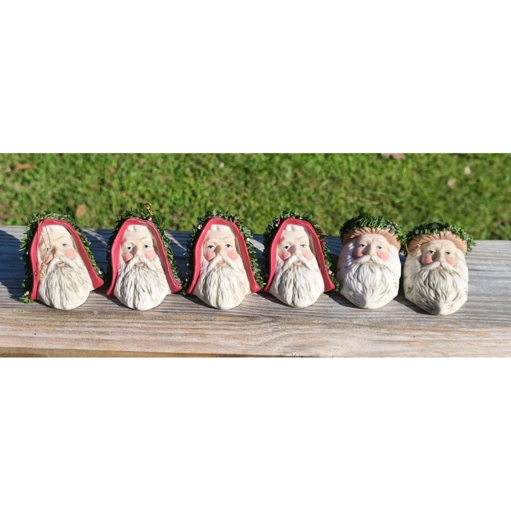 Vintage LOT Santa Claus‎ Head Christmas Ornament Ceramic Hand Painted.